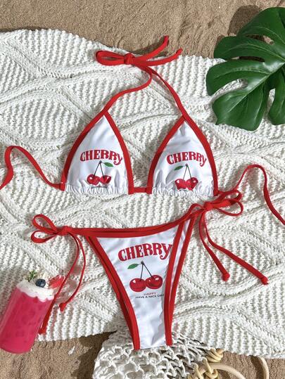 Swim Mod Conjunto de Maiô Bikini Sexy com Estampa Localizada e Decote Halter para Mulheres, Verão thumbnail