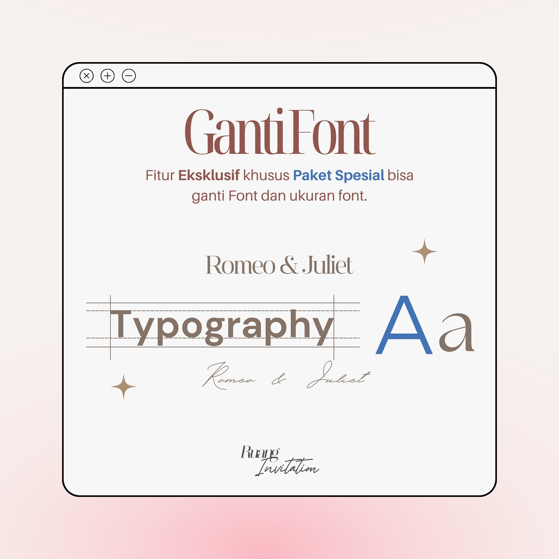 Fitur Eksklusif! untuk Paket Spesial ✨

Sekarang kamu sudah bisa gonta ganti font Nama Mempelai dan Font Nama Lengkap ba