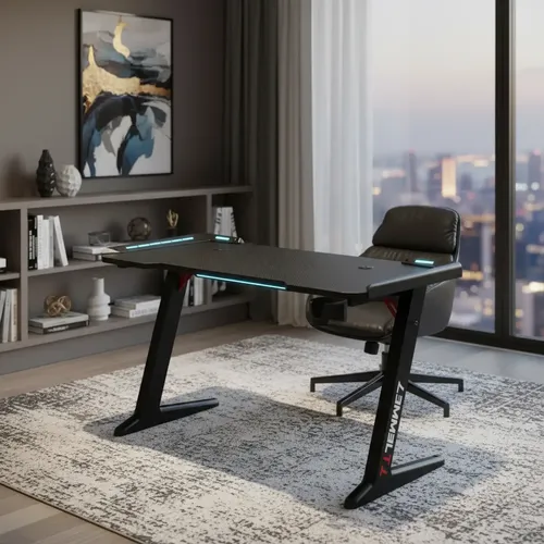 Escritorio Gamer Pc Con Luces Led Rgb Hemmel T7 Color Negro Fibra De Carbono 120x73x60cm Mesa Gaming Madera Profesional thumbnail