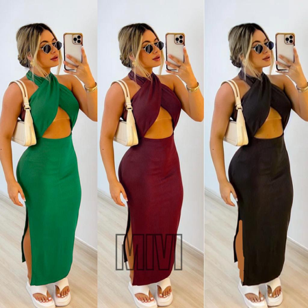 Vestido Feminino Longo tecido Canelado com Recorte Lateral Poderosa e Gola Torcida – Sensual, Sofisticado e Atemporal thumbnail