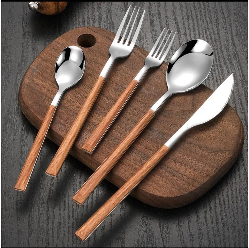 Jogo talheres 30 peças inox cabo de madeira thumbnail