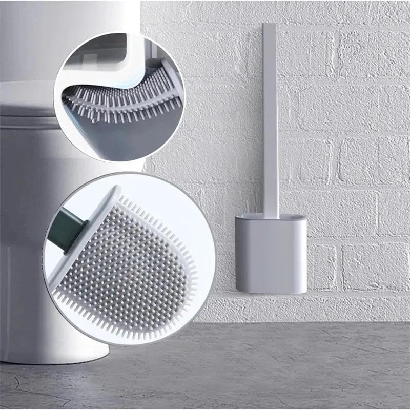 Escova Sanitária Silicone Para Limpar Vaso Privada Com Suporte Preto Cinza Branco thumbnail