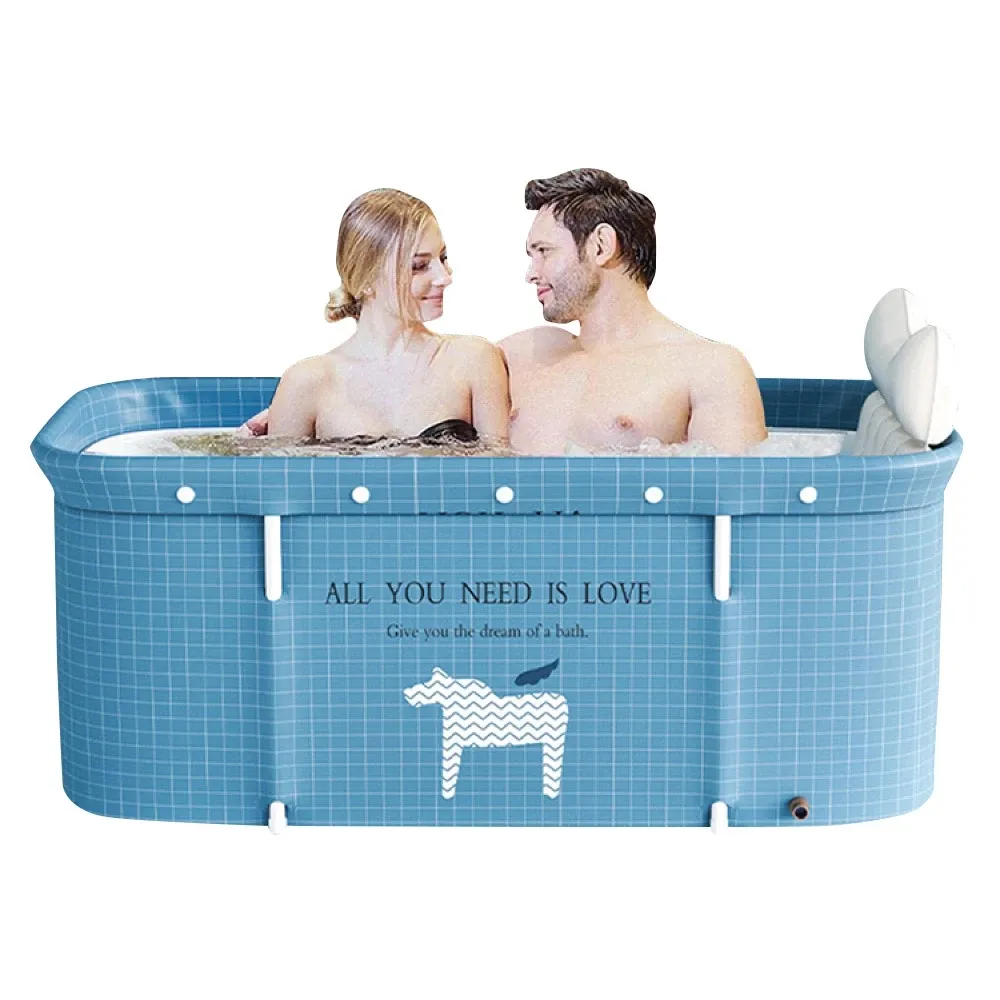 Banheira Ofurô Dobrável Portátil Retangular PVC Com Encosto Inflável Azul Claro VG+ thumbnail