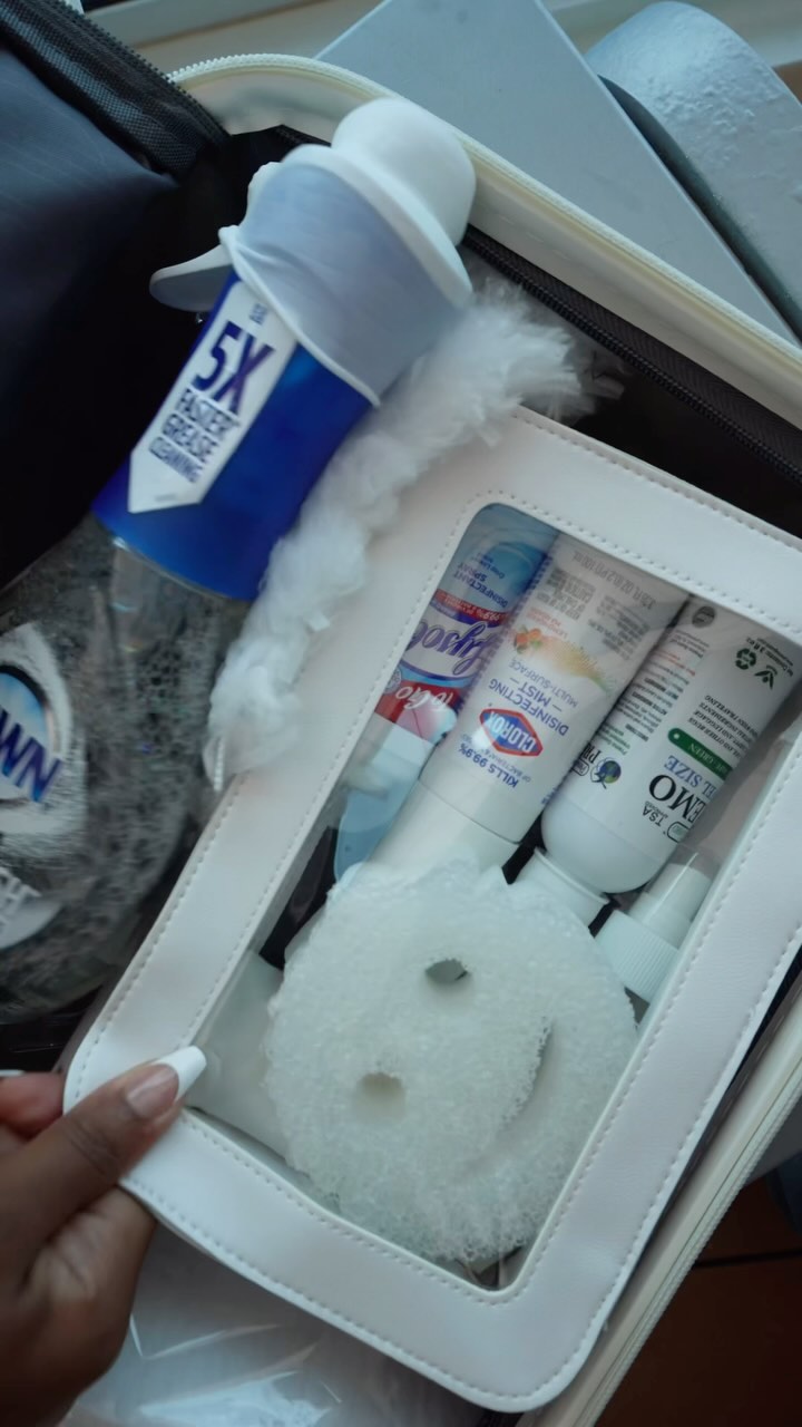 Love my Mini Travel Cleaning kit 🤎🧽🛳️ Call me extra but I’m gonna  clean my hotel,cabin, or Airbnb EVERYTIME or I’ll hav