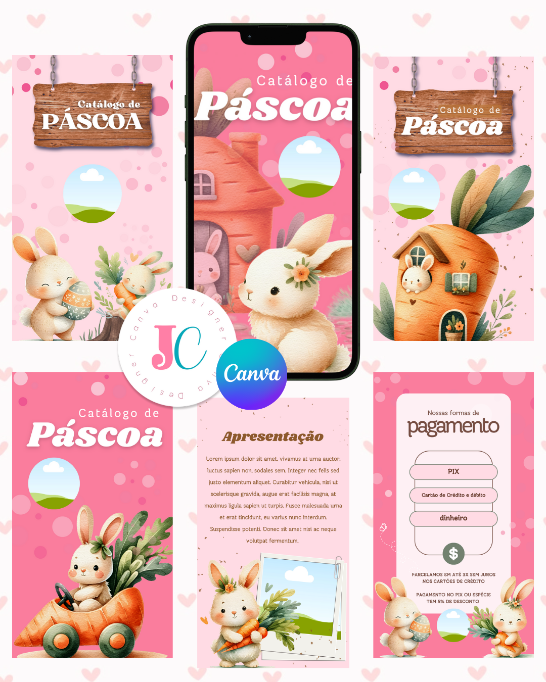 Kit digital Páscoa cenourinha editável Canva (Para Uso Pessoal) Catálogo digital, templates e tags de páscoa thumbnail