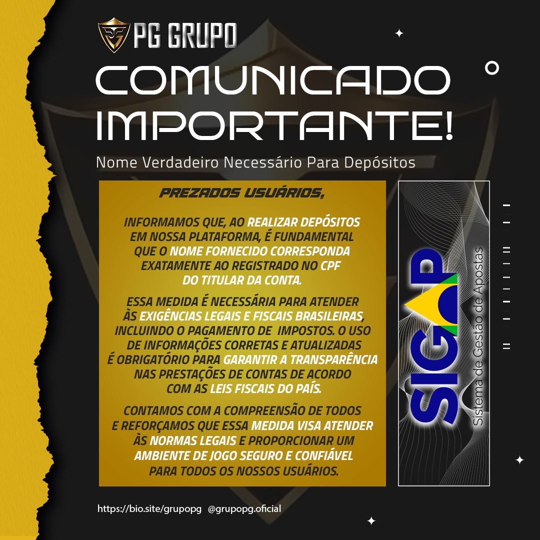 Informamos que, ao realizar depósitos em nossa plataforma, é fundamental que o nome fornecido corresponda exatamente ao 