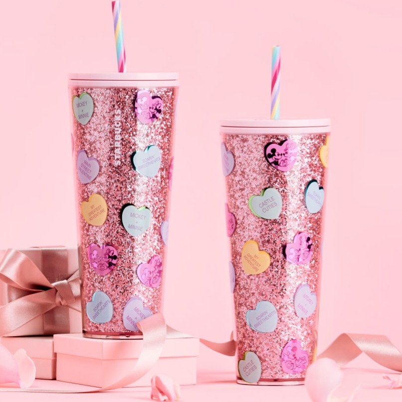 Disney Starbucks Valentine's Day Glitter Pink Tumbler Cups Minnie Mickey Love thumbnail