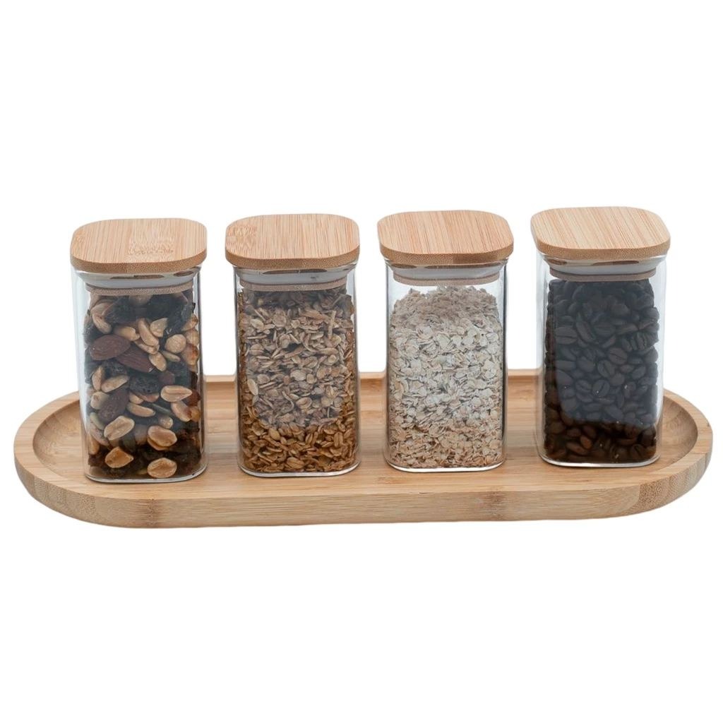 Kit 4 potes de vidro herméticos com tampa de bambu quadrados 250ml e bandeja de bambu 34cm - Oikos thumbnail