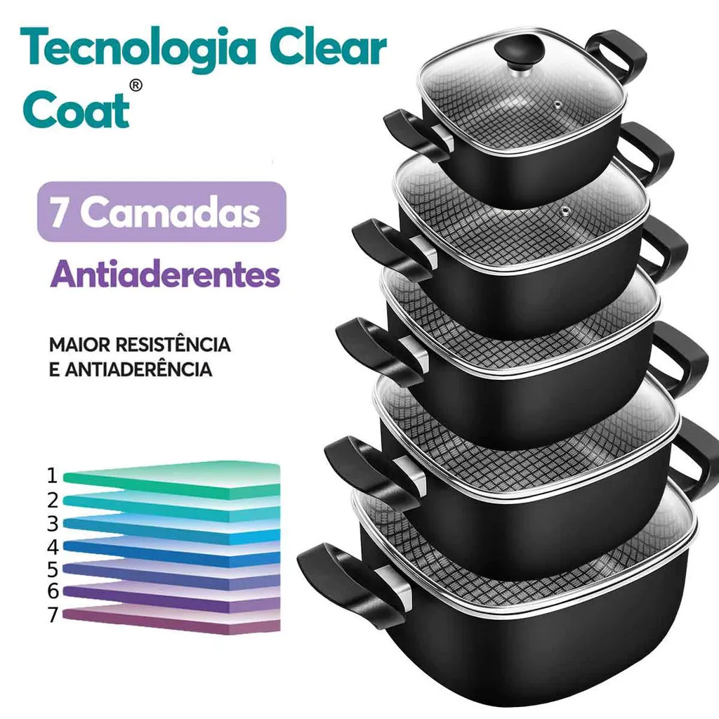 Conjunto de panelas quadradas antiaderente com tampa de vidro -  5 Peças thumbnail