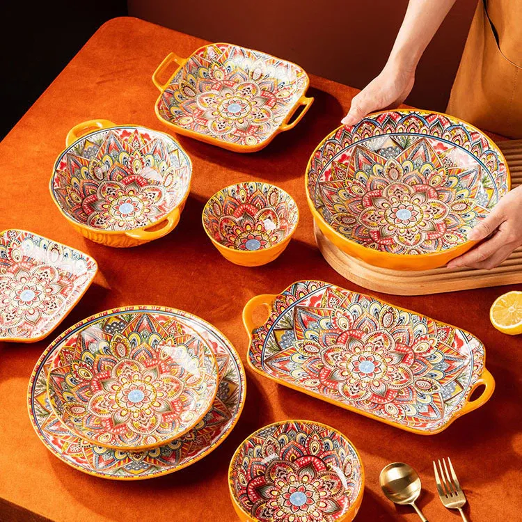 Assadeira de cerâmica boêmia  Placa de cerâmica para assar  Conjunto de prato de mesa  Tigela de sopa grande thumbnail