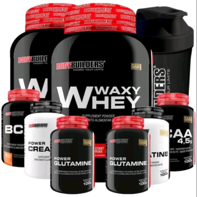 Kit 2x Waxy Whey Protein 900g + 2x Bcaa + 2x Creatina 100g + 2x Glutamina 100g + Coqueteleira thumbnail