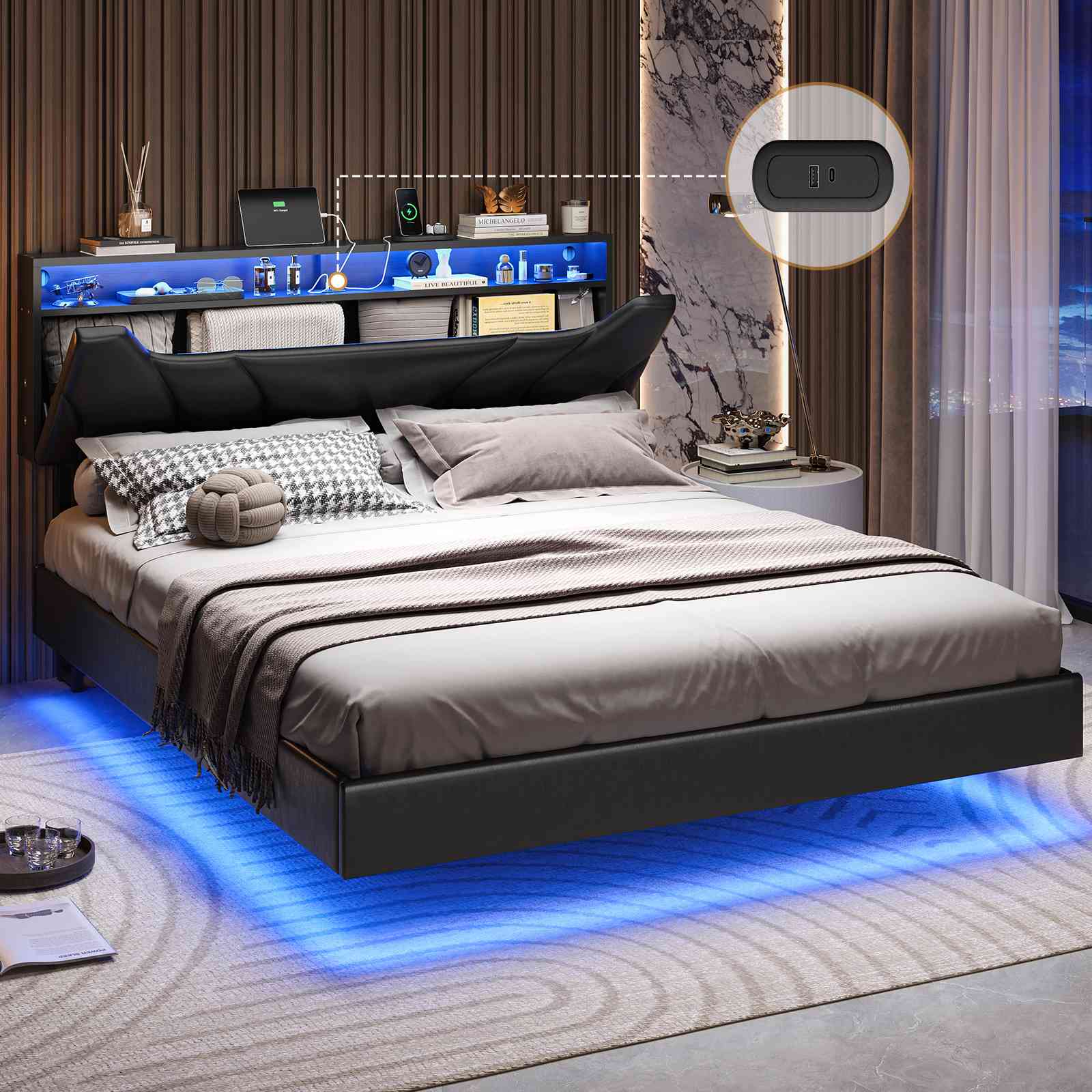 Hasuit | Queen Floating Bed Frame with Storage Headboard and LED Light thumbnail