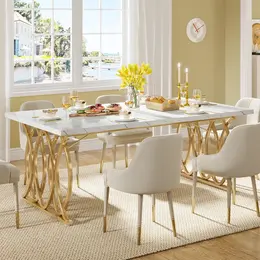 LITTLE TREE Modern Dining Table, 63" Large Kitchen Table for 4-6 People, Unique Rectangular Dinner Table Kitchen & Dining Room Furniture with Faux Marble Tabletop and Geometric Legs（Only Table） thumbnail