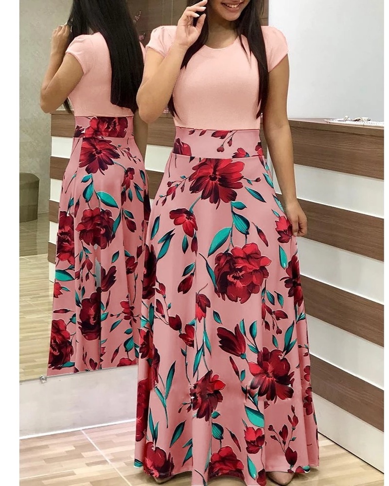Vestido - Women Long Dresses Flower Print Color Block Dress thumbnail