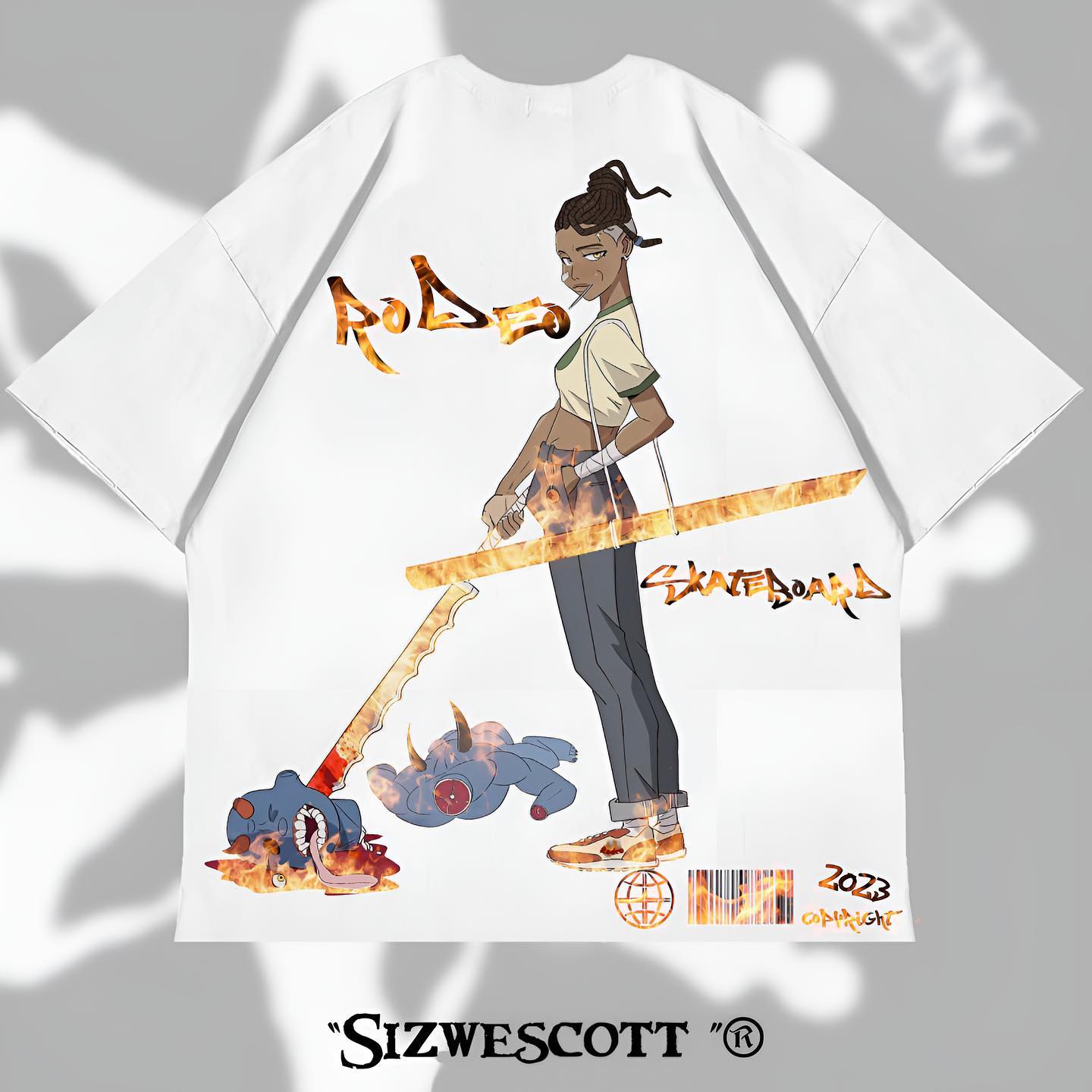 Rodeo’s katalina ✨. Tshirt.  Designed by me. @sizwescott_ @rodeo_skateboard Release :soon🫶🏾🫶🏾🫶🏾

#art #demonslayer #grap