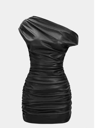 Faux Leather Ruched Boat Neck Asymmetrical Sleeveless Mini Dress thumbnail