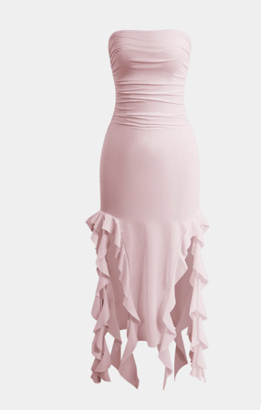 Solid Ruffle Hem Ruched Tube Maxi Dress thumbnail