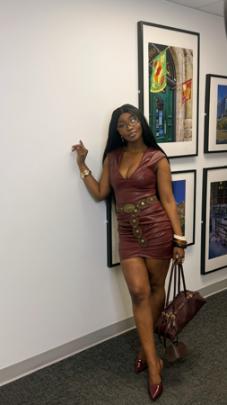 Ruched Faux Leather V-Neck Bodycon Mini Dress thumbnail