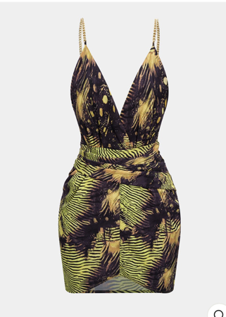 Tropical Print Metallic Chain Asymmetrical Sleeveless Mini Dress thumbnail