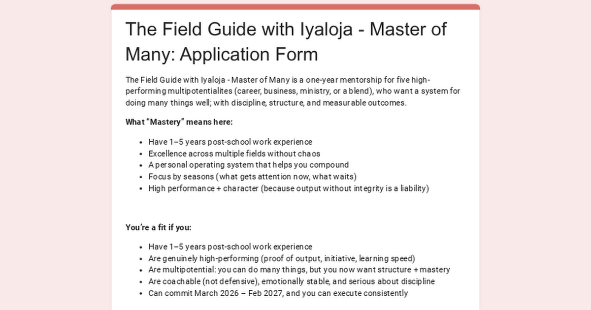 The Field Guide with Iyaloja - Master of Many: Application Form thumbnail