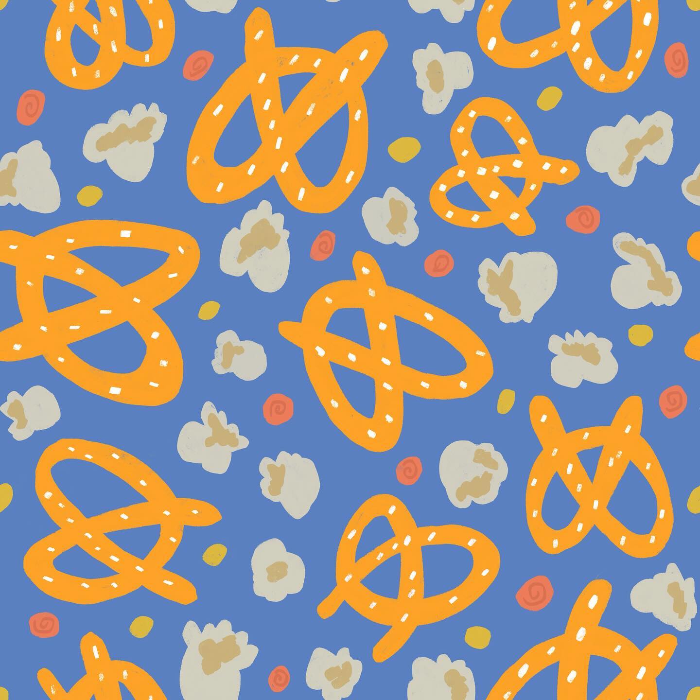 Movie Night repeat pattern 🥨 Available on aprons and way more in my #redbubble shop. Link in bio. #pretzel #softpretzels