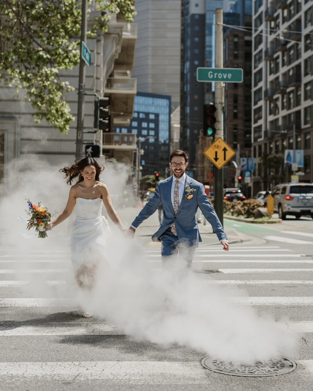 A love letter to San Francisco for V + G's weekday wedding: a neighborhood walk to Alamo Square, riding the bus to San F