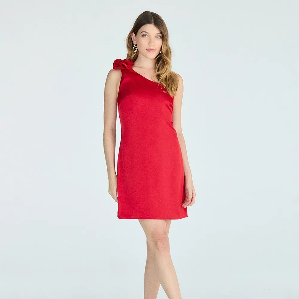 vestido curto ombro único com flor vermelho thumbnail