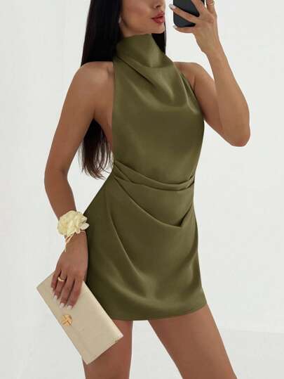 Aloruh Vestido Curto Plissado com Amarração e Sem Costas, Minimalista, para Mulheres thumbnail