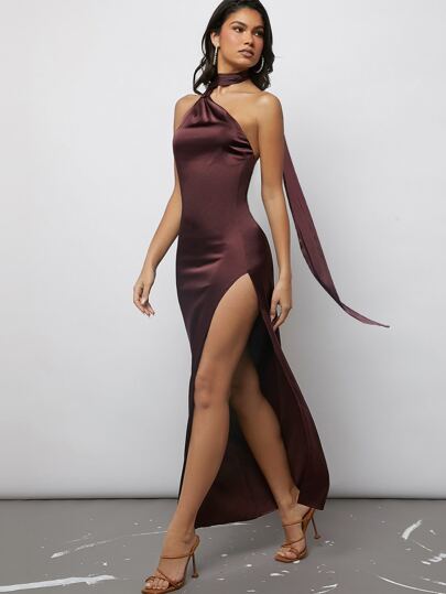 SHEIN BAE Vestidos de Cabresto Amarrado sem costas Coxa dividida Cetim thumbnail