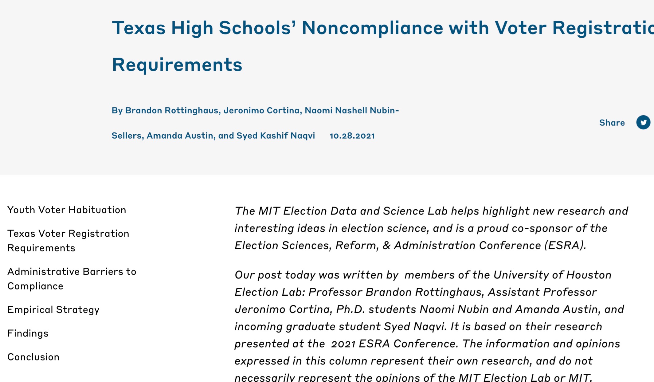 Publication Alert- Texas High Schools’ Noncompliance with Voter Registration Requirements | MIT Election Lab thumbnail