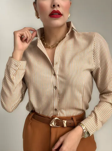 Camisa Social Feminina Listrada Manga Longa Elegante thumbnail