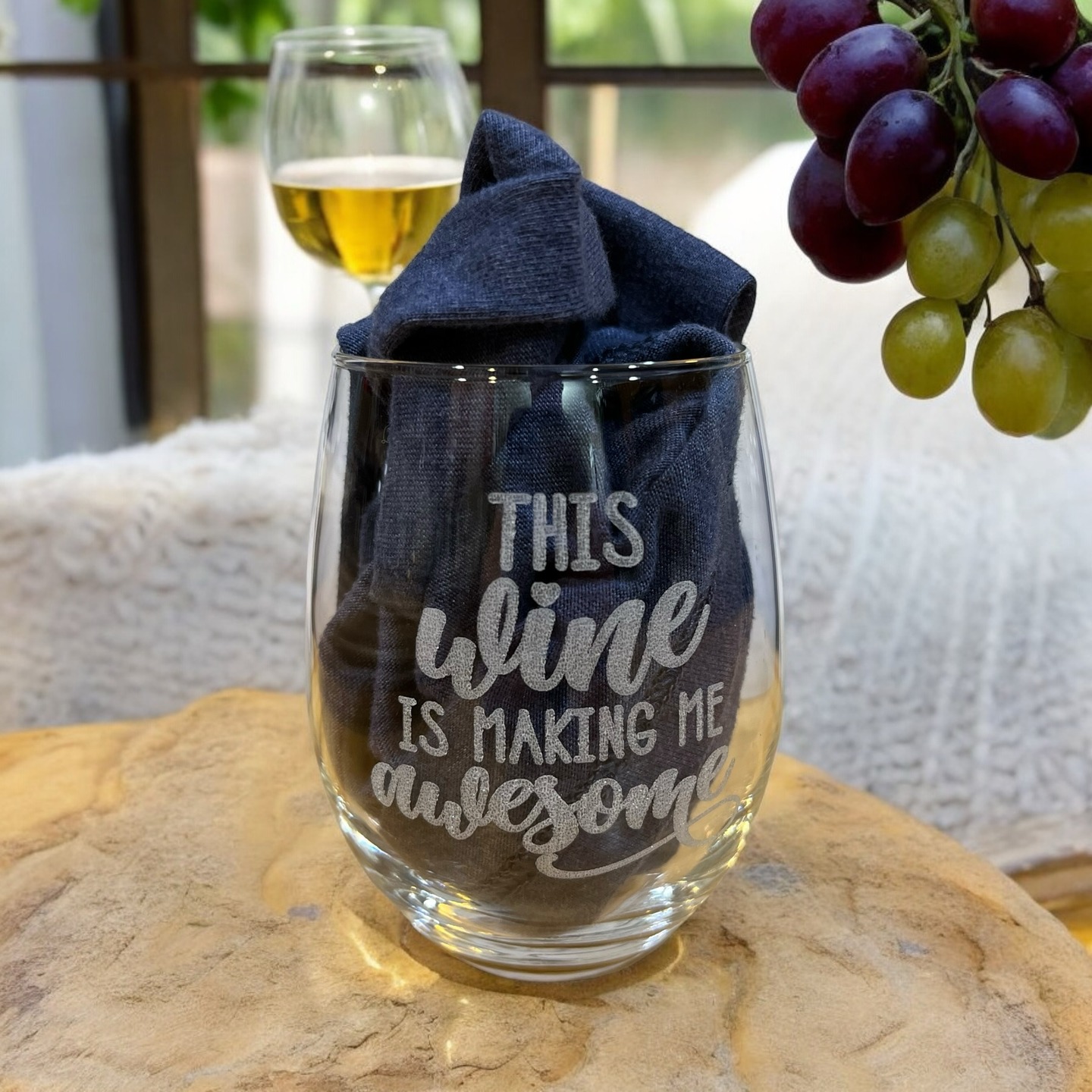 This Wine is Making Me Awesome ~ Engraved 15 ounce stemless wine glass is perfect for girls’ nights, party favors, or ju