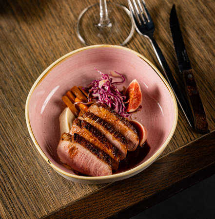 Crispy duck breast with red pointed cabbage and parsley root thumbnail