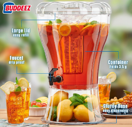 Buddeez Clear Drink 3.5 Gallon Plastic Beverage, Comes with Stand, Spigot, Ice Cone, Large Punch Dispenser for Parties thumbnail
