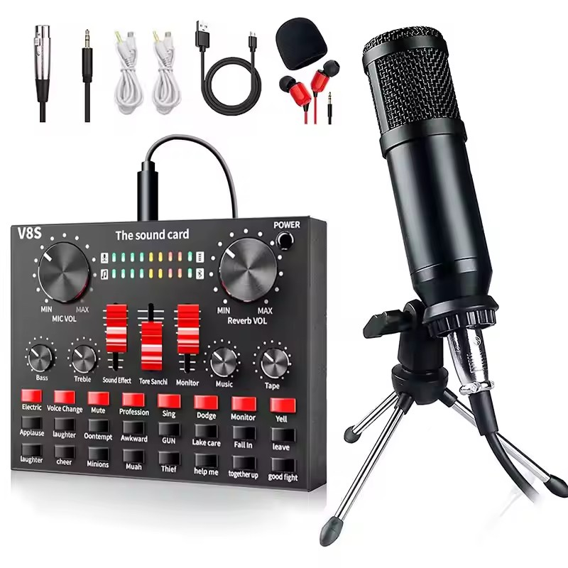 BM800 Wired Audio Mixer para Home Studio, Microfone Condensador, Placa de Som V8, Voice Changer, BM 800, PC Table, Podcast Equipment, Conjunto completo thumbnail