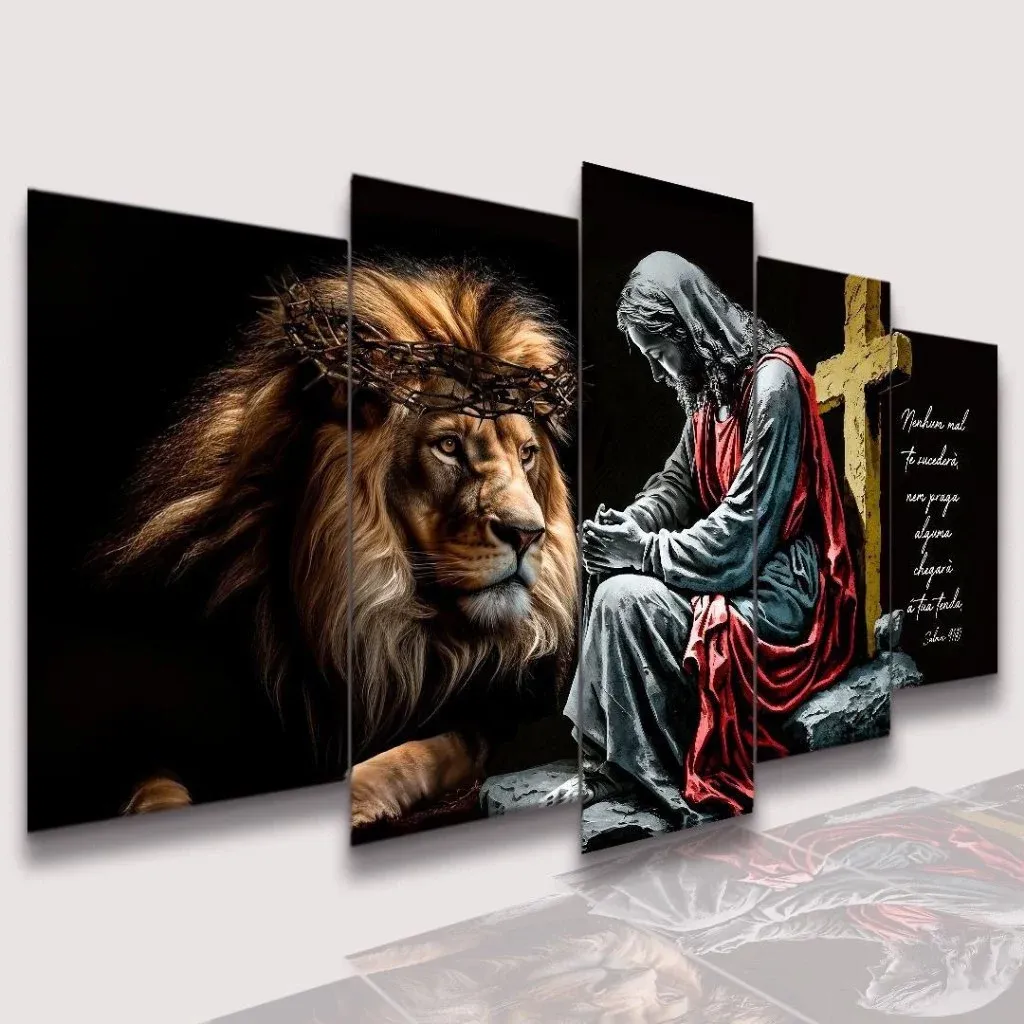 Kit quadros decorativos mosaico 5 peças Leão Judá Jesus Cristo Cruz Salmo Delicado Frase Bíblia Fé thumbnail