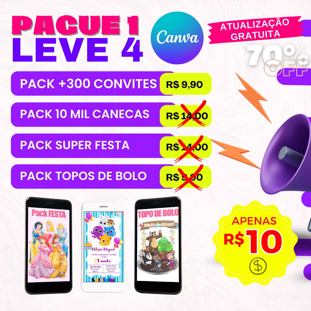 PACK 4 EM 1 +300 cartões digitais no canva + Pack festa completo + 4mil topos de bolo + 10 mil artes canecas - Izabela New Art | Hotmart thumbnail