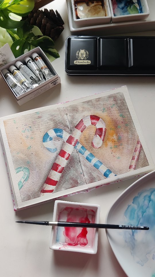 Take a trip down candy cane land with me 🍭🧣

Using @schmincke_official watercolors and supergranulating watercolors 
@si