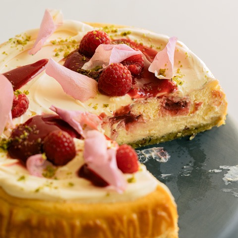 Raspberry, Rose & Vanilla Cheesecake with Pistachio Rose Crust thumbnail
