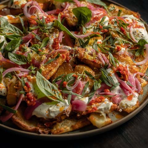 Crispy Smashed Potatoes & Halloumi with Sour Cream, Italian Chili & Fresh Herbs thumbnail