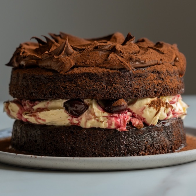 Chocolate, Vanilla Cherry & Mascarpone Layer Cake with Chocolate Ganache thumbnail