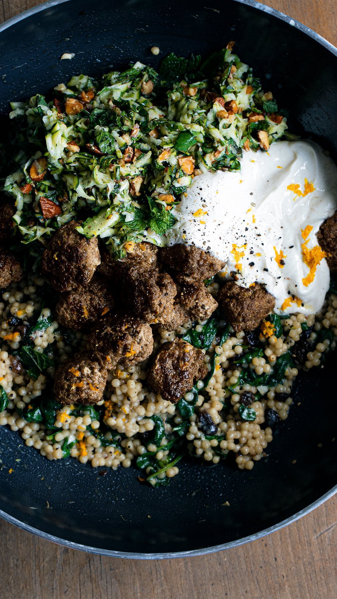 a little weeknight dinner inspiration ✨ spiced meatballs with pearl couscous, a fresh zucchini roasted almond salad, & h