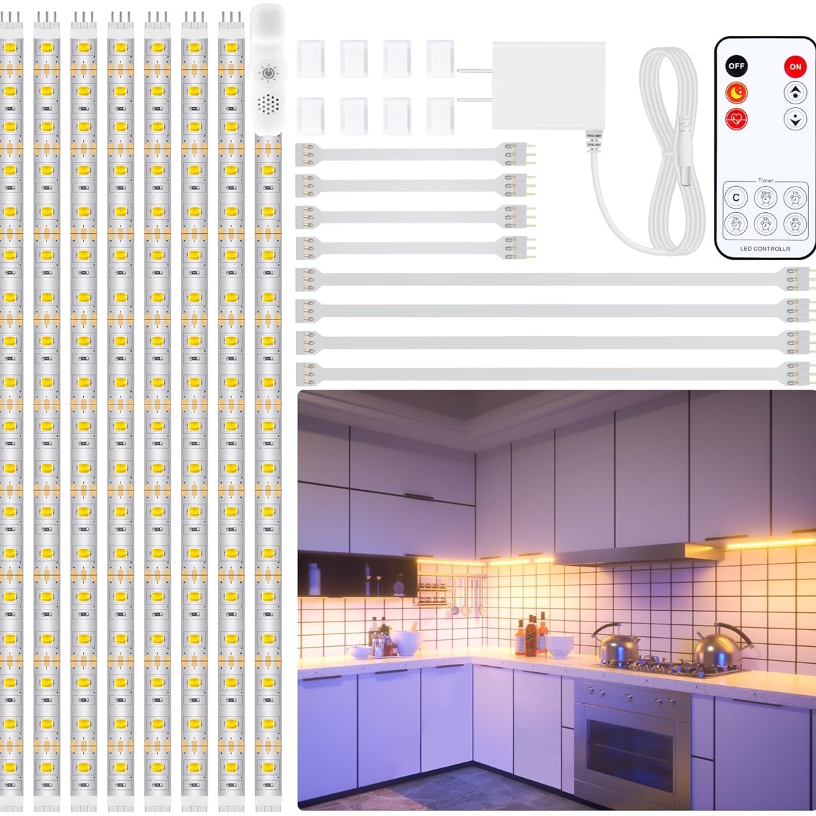 LAFULIT Under Cabinet Lighting Kit - 8 PCS, 2700K Warm White Flexible LED Strip Lights with Remote and Power Adapter for Kitchen Cabinets, Shelf, Desk, Counter - 13ft - Amazon.com thumbnail