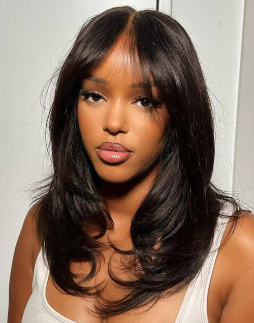 Carol- Pre Cut 9x6 Lace Wavy Layer Cut Glueless Wig With Curtain Bangs Human Hair thumbnail