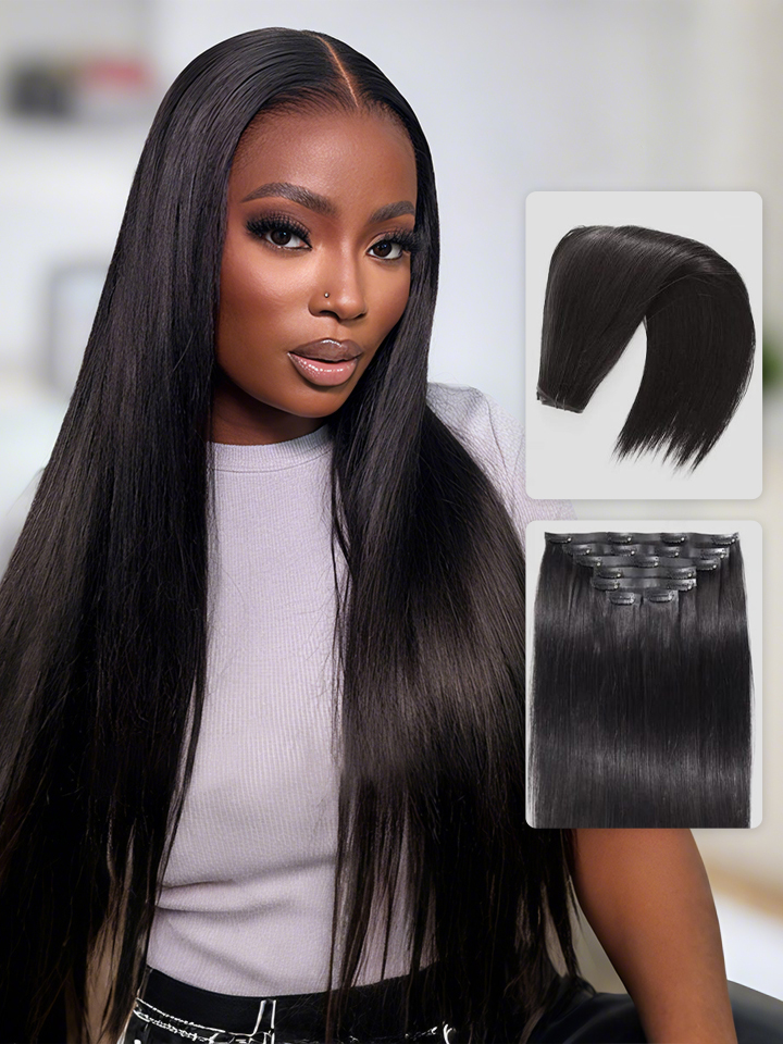 Seamless Clip In Hair Extension Straight/Yaki Straight Human Hair 7pcs/pack Natural Black Color thumbnail