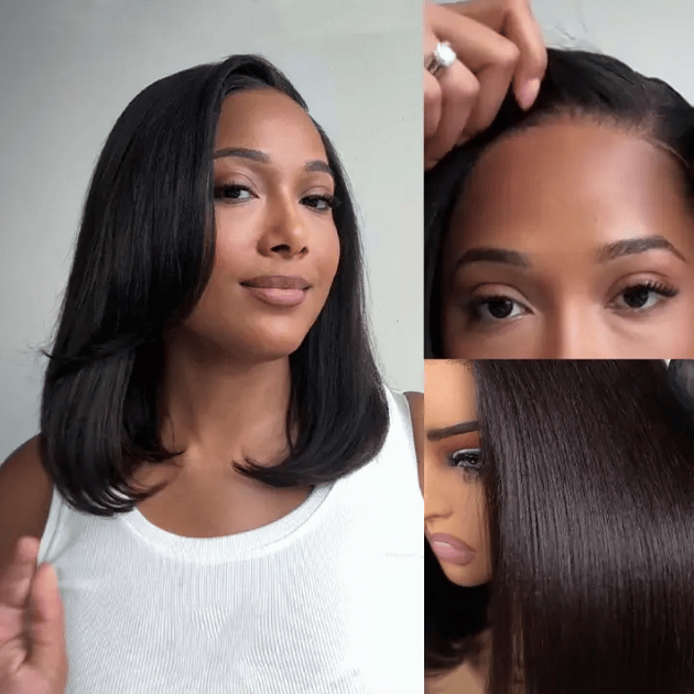 Wear Go Yaki Straight Glueless Bob Wig Pull Go Pre Cut Lace Wig Natural Human Hair Wig thumbnail