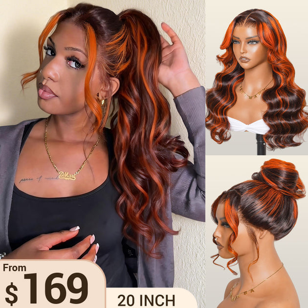 Salon Layer Cut Ginger Highlights On Brown Hair 360 Lace Frontal Invisi Strap Skin Lace InvisiDrawstring Snug Fit Body Wave Human Hair Wig thumbnail