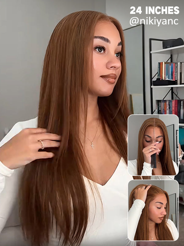 Wavymy Layered Cut Chestnut Brown Straight Wear Go Glueless Wigs 6x4 Lace Closure wig 100% Human Hair thumbnail