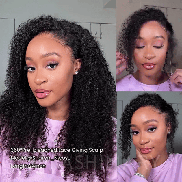 Kinky Curly Invisi Strap Snug Fit 360 Transparent Lace Frontal Bleached  Knots Pre Cut Lace Wig thumbnail