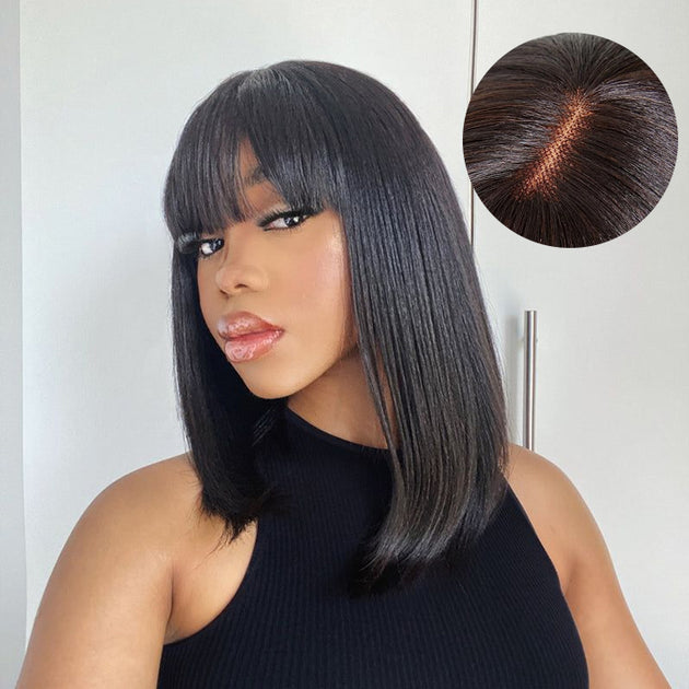 Glueless Straight BOB Wig With Bangs 1x2.75 Natural Top Scalp HD Lace Human Hair Wigs 220% Density thumbnail